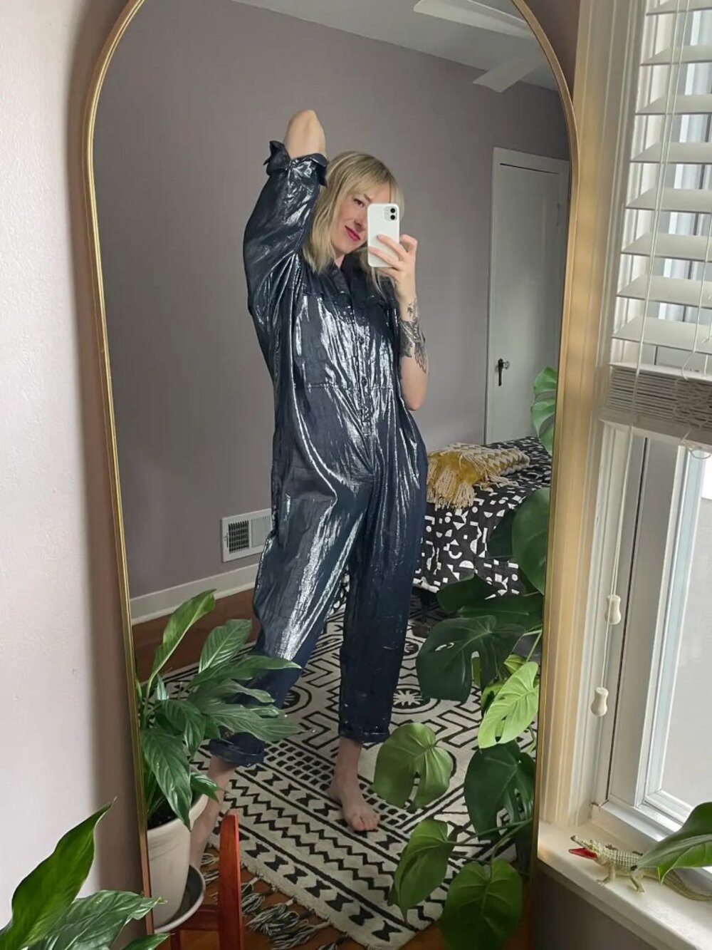 NWT SUZIE KONDI Navy Gold Lurex Jumpsuit Utility Long Sleeve Collared Romper M